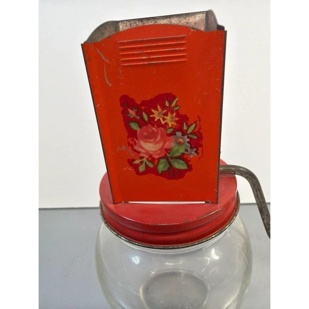 Vintage Androck Nut Meat Chopper with Red Floral Decal and Hazel-Atlas Glass Jar